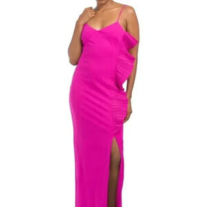 Ruffle Stretch Crepe MAXI Dress with Slit (Color: Bright Pink)